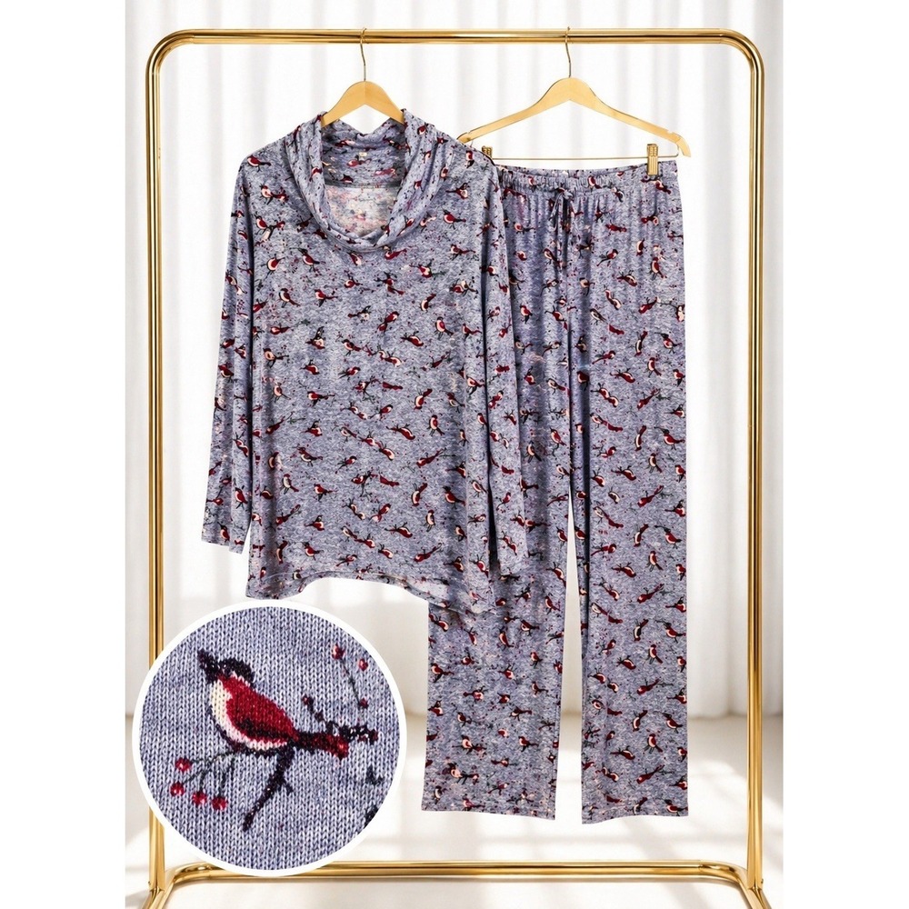 Carole Hochman Soft Waffle Fleece Pajama Set Red Bird Print‎ Cowl Neck 2X Tall